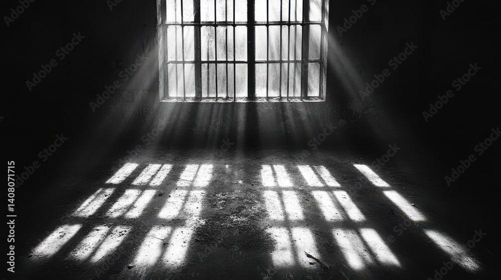 Poster strong contrasts of sunlight casting shadows through barred prison window on a cold floor minimal de