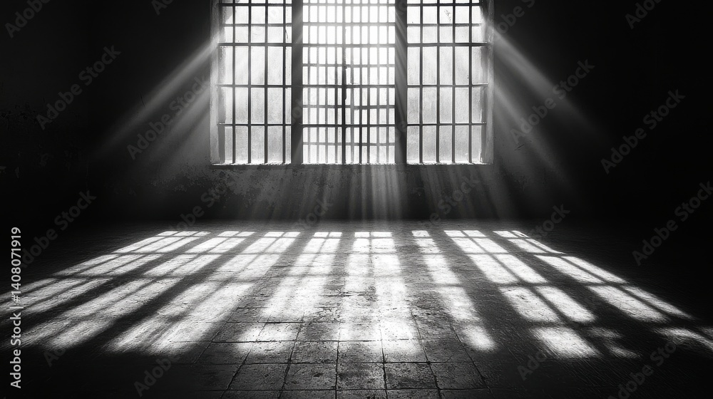 Poster strong contrasts of sunlight casting shadows through barred prison window on a cold floor minimal de