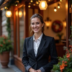 Concierge welcoming guests with a smile at festive hotel entrance