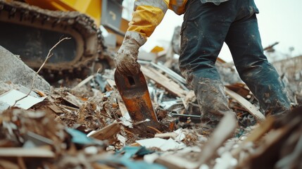 Construction worker removing debris from a site. Featuring site cleaning and organization