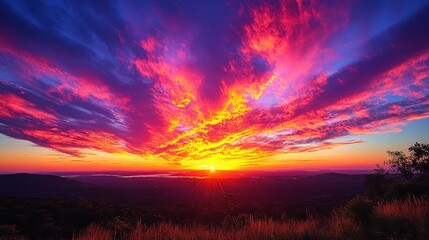 stunning sunset sky,fiery orange pink,purple streaks wispy clouds glowing softly evoking tranquil awe,stock photo