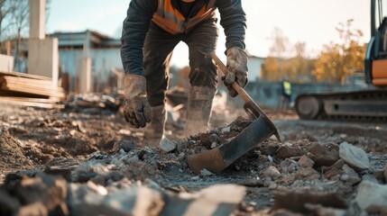 Fototapeta premium Construction worker removing debris from a site. Featuring site cleaning and organization