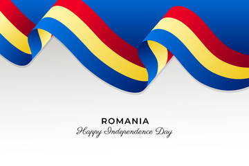 Romania 3d waving flag ribbon. Romania Independence day background with copyspace. Realistic Romania flag ribbon template. National flag background design