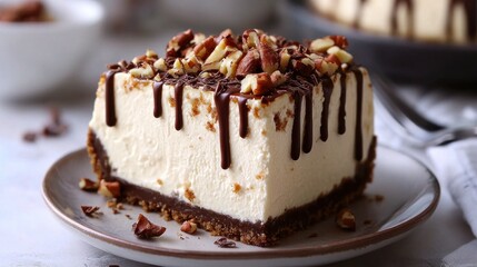 Decadent Pecan Chocolate Drizzled Cheesecake Slice