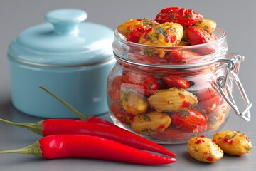 Colorful preserved vegetables in jar with fresh chilies on a kitchen counter