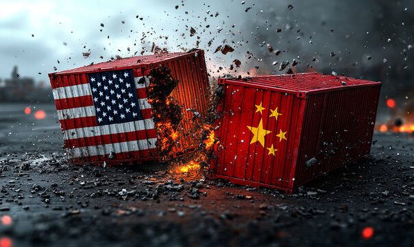 wo cargo containers colliding, one of which is breaking apart. The containers display the flags of the USA and China, respectively	