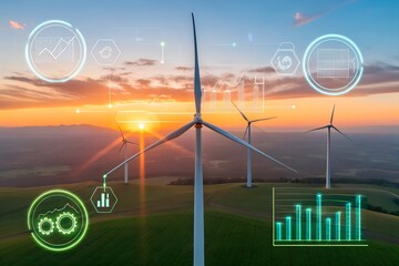 Wind Turbines with Financial Data Overlay – Clean Energy and Green Investment in a Futuristic Digital Landscape