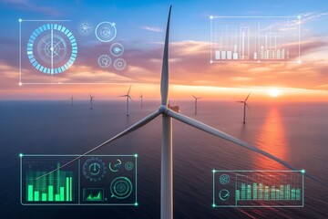 Wind Turbines with Financial Data Overlay – Clean Energy and Green Investment in a Futuristic Digital Landscape