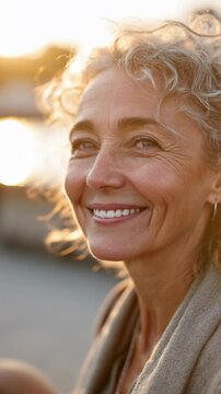 Portrait of a serene and confident senior woman with curly gray hair standing outdoors at sunset, looking at the camera with a gentle smile, warm golden light, Generative AI