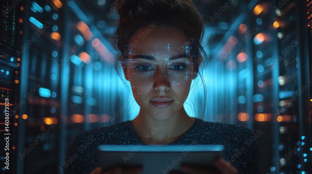 Aufkleber successful female data center it specialist using tablet computer turning augmented vfx visualization on server farm cloud computing facility system engineer working for cyber data security company