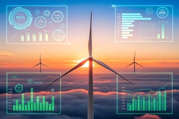 Wind Turbines with Financial Data Overlay – Clean Energy and Green Investment in a Futuristic Digital Landscape