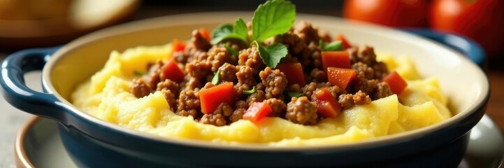 Ground beef and mashed potatoes in a shallow baking dish, creamy, comforting