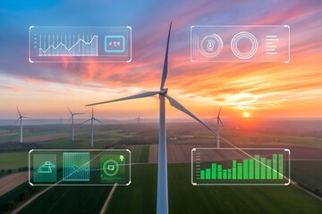 Wind Turbines with Financial Data Overlay – Clean Energy and Green Investment in a Futuristic Digital Landscape