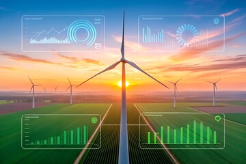 Wind Turbines with Financial Data Overlay – Clean Energy and Green Investment in a Futuristic Digital Landscape