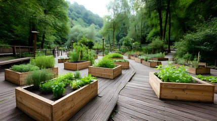 Obraz premium serene wellness garden featuring organic vegetable plots and herbs, surrounded by lush greenery and trees, creating peaceful atmosphere for relaxation and growth