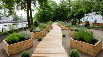 Obraz premium serene wellness garden featuring organic vegetable plots and herbs, surrounded by lush greenery and wooden pathway, invites relaxation and connection with nature