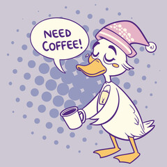 Sleepy duck with nightcap and coffee.