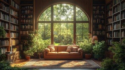 sunlit cozy elegant home library,window,books empty room zoom virtual backgrounds cozy interior backdrops living room backgrounds for virtual meetings,photo stock