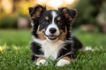 Fototapeta premium fluffy black and white puppy portrait outdoors on grass in golden hour lighting
