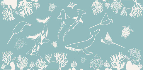 Seamless Vector Pattern of Marine Animals Silhouettes – Whales, Sharks, Turtles, Narwhal, Stingrays, Manta Ray, Coral Reef, Ocean Wildlife Background © Іра Климчук