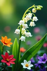 Lilies of the valley caught in a playful breeze amidst other flowers, colorful, whimsical, nature