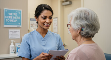 Nurse interacting with elderly patient in a healthcare setting  