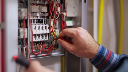 Electrician wiring a new electrical panel in a basement. Featuring expertise and attention to safety