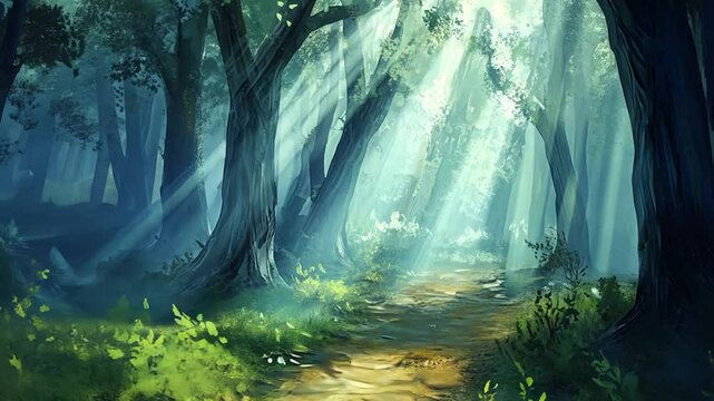 Mysterious forest path ethereal green and blue fantasy nature background - Powered by Adobe