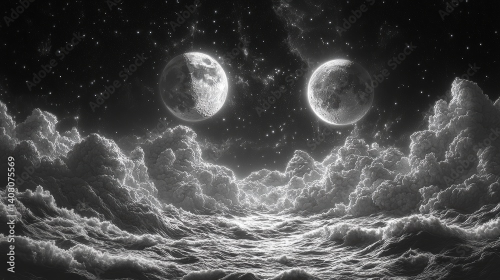 Leinwandbilder surreal celestial scene featuring twin moons a starry sky rolling clouds,distant mountains sketch en
