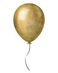 Watercolor style gold balloon with string on transparent background.