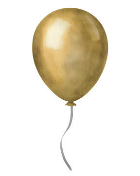 Watercolor style gold balloon with string on transparent background.
