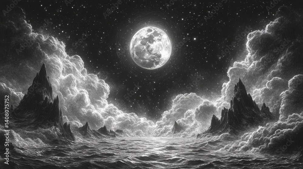 Poster surreal celestial scene featuring twin moons a starry sky rolling clouds,distant mountains sketch en