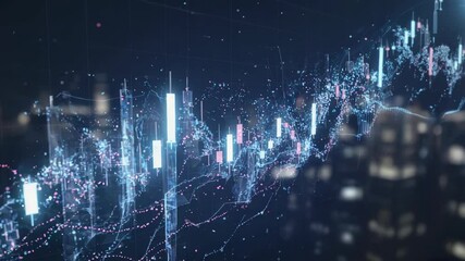 Animated candlestick charts and graphs moving against a blurry cityscape background in a futuristic visualization of financial data. - Powered by Adobe