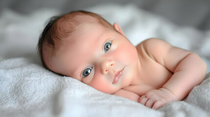 Newborn Baby with Blue Eyes Resting on a Soft White Blanket in Studio Shot with Natural Lighting and Pastel Colors
