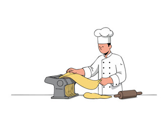 A chef in a white coat makes pasta with a machine. Clean, bright illustration shows food preparation. Ideal for culinary concepts.