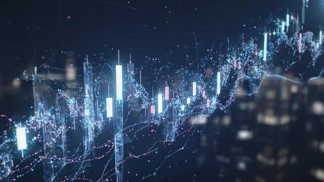 Animated candlestick charts and graphs moving against a blurry cityscape background in a futuristic visualization of financial data.