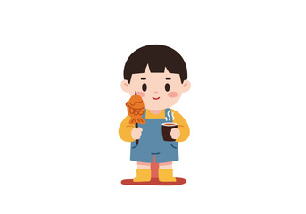 Cute boy with short black hair enjoys a warm drink and a sweet treat. Charming illustration, perfect for children's themes and cozy scenes.