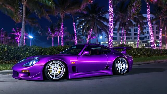 Purple sports car at night, palm trees, city