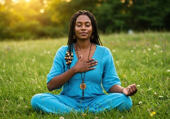 A black woman meditates outdoors in nature, focusing on wellness and inner peace with closed eyes.