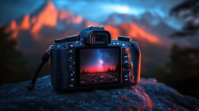 DSLR camera on a rock, stunning mountain landscape background.  Night photography