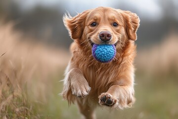 happy golden retriever fetching blue purple toy outdoors in summer