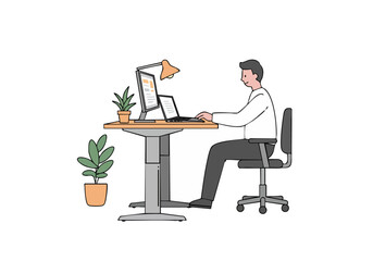 Fototapeta premium A man sits at a modern desk, focused on his laptop. Clean, bright workspace with a lamp and plant. Ideal for depicting remote work and productivity.
