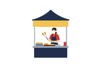 A vendor wearing a mask serves food from a pop-up stall. Simple, clean design. Ideal for concepts of small business, food, and safety.