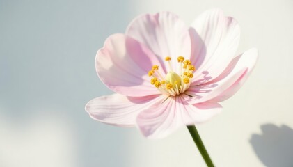 Single flower with delicate details in sunlight on white background, bloom, closeup, shadow