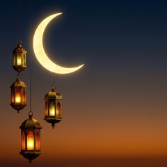 Ramadan lanterns and crescent moon at sunset. Islamic holiday greeting card design. Eid Mubarak, Eid al-Fitr, Eid al-Adha celebration background with copy space.