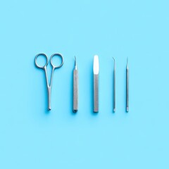 Flat lay of diagnostic ENT tools in blue lighting, sterile and sharp scene