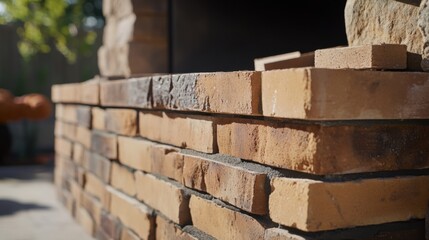 Hispanic mason laying bricks for an outdoor fireplace. Featuring masonry and outdoor construction