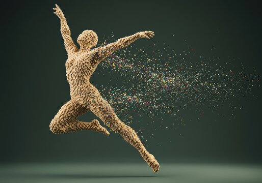 An artistic rendering of a human form breaking apart into colorful, pixelated particles. - Powered by Adobe