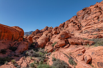Desert varnish or rock varnish. Aztec Sandstone(Jurassic) geological formation. weathering. Scenic Loop Dr, Red Rock Canyon National Conservation Area, Las Vegas, Clark County, Nevada. Mojave Desert. 