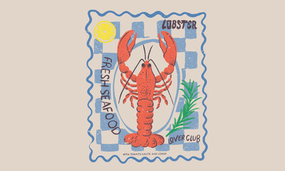 Lobster design. Fish vintage artwork. Lemon design. Stay salty. Seafood club. Lobster fish artwork for t shirt print, poster, sticker and other uses.